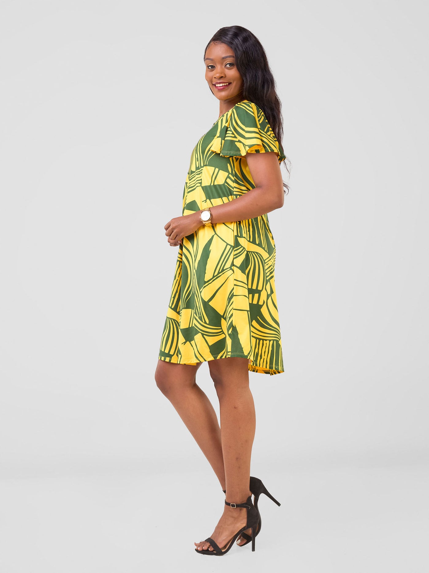 Vivo Ruwa Flounce Sleeve Knee Length Tent Dress - Yellow / Hunters Nila Print - Shopzetu