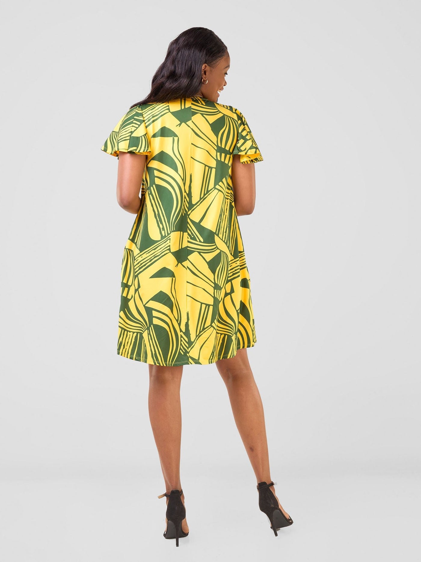 Vivo Ruwa Flounce Sleeve Knee Length Tent Dress - Yellow / Hunters Nila Print - Shopzetu