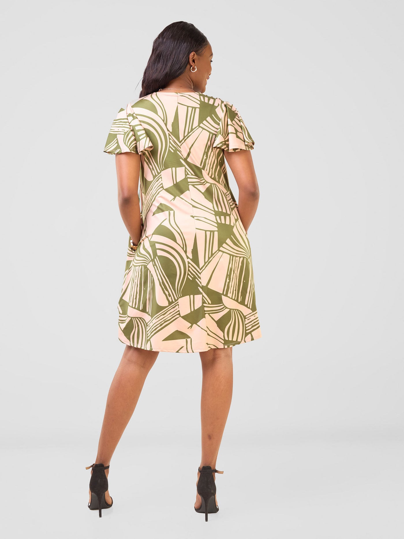 Ruwa Flounce Sleeve Knee Length Tent Dress - Taupe / Hunters Nila Print