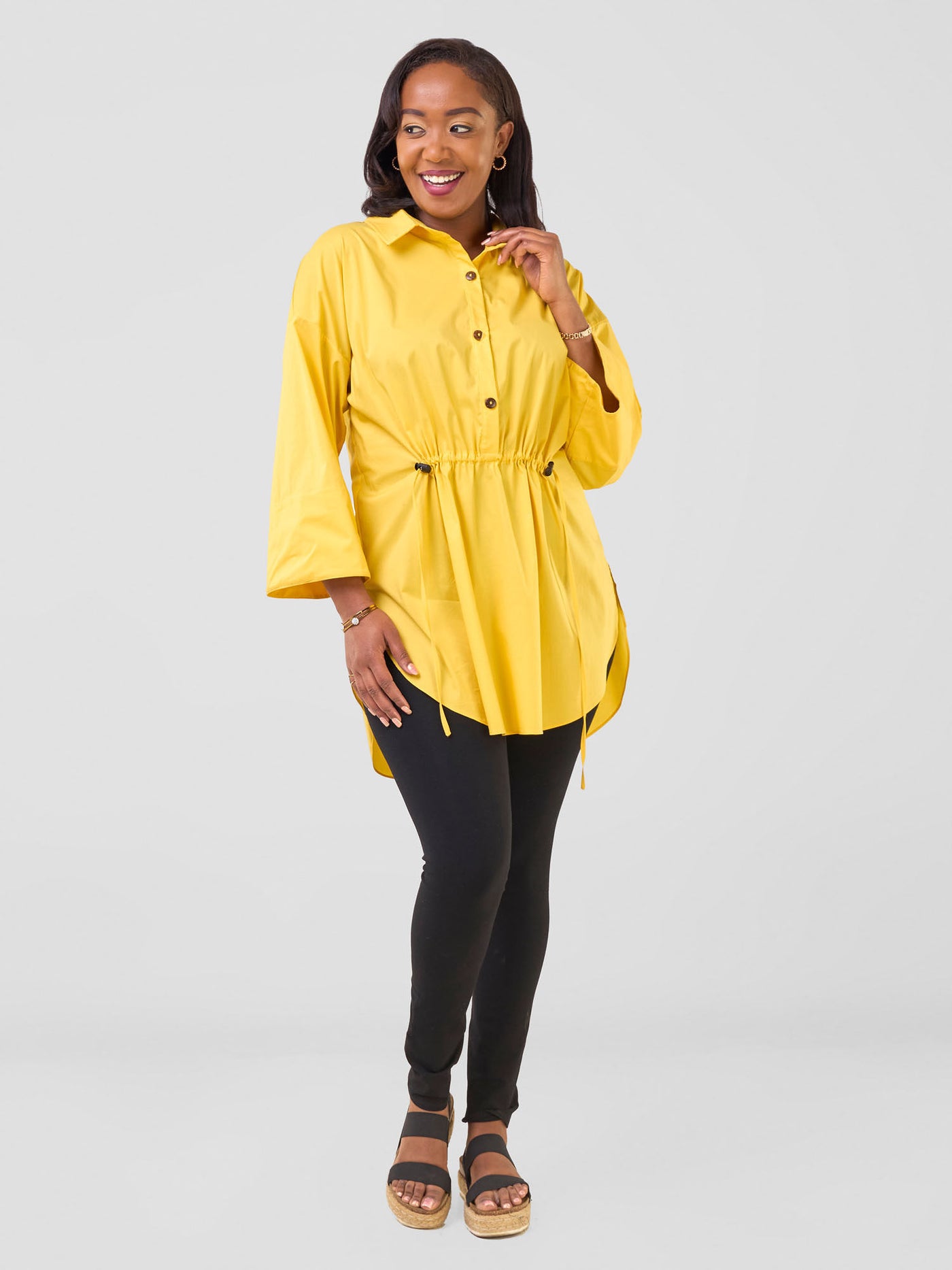 Safari Njano Front Drawstring Tunic Top - Mustard