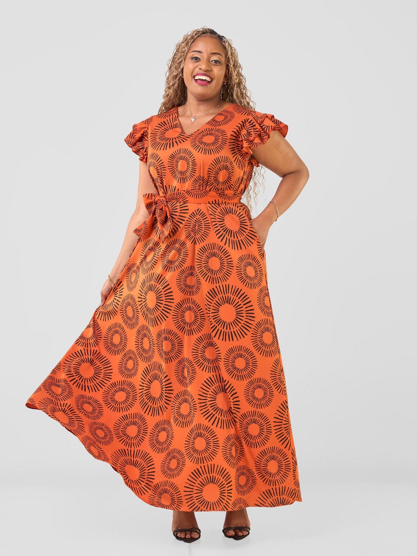 Vivo Nasinka A - line Maxi Dress - Rust / Black Bombo Print - Shopzetu