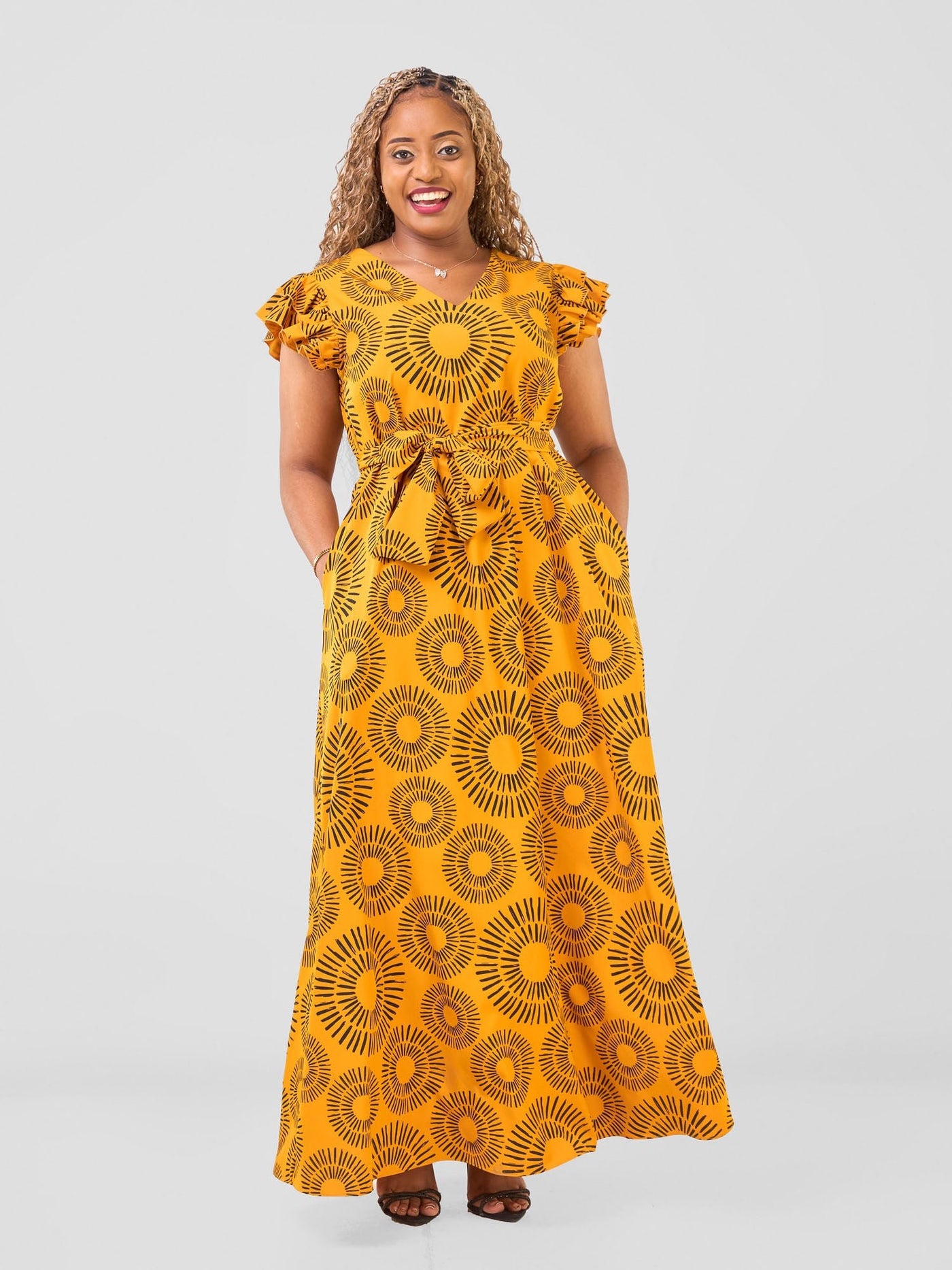 Nasinka A - line Maxi Dress - Mustard / Black Bombo Print - Shopzetu