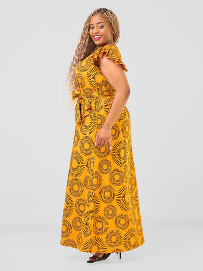 Nasinka A - line Maxi Dress - Mustard / Black Bombo Print - Shopzetu