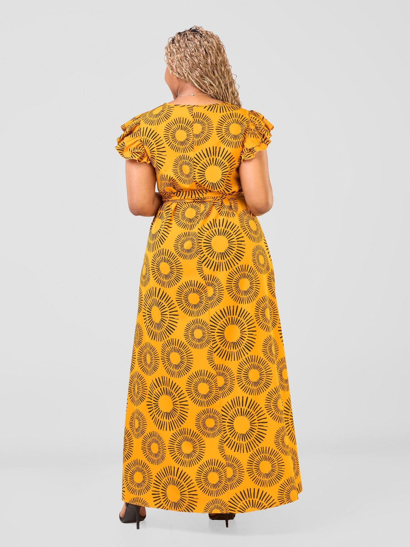 Nasinka A - line Maxi Dress - Mustard / Black Bombo Print - Shopzetu