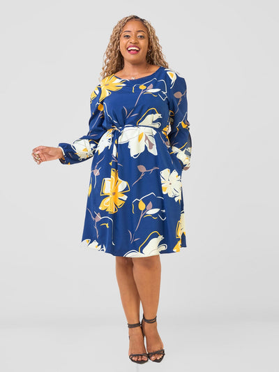 Vivo Tunu Long Slit Sleeve Knee Length Shift Dress - Navy / Yellow Tulo Print - Shopzetu