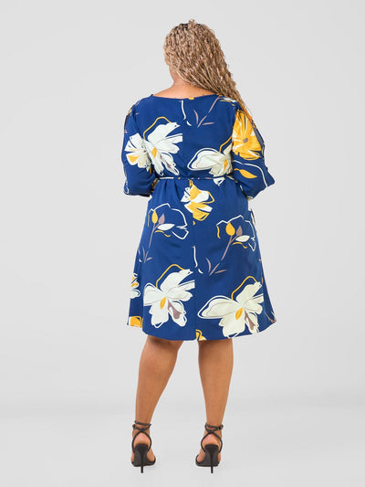 Vivo Tunu Long Slit Sleeve Knee Length Shift Dress - Navy / Yellow Tulo Print - Shopzetu