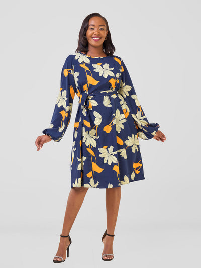 Vivo Basic Ayo Bishop Sleeve Dress - Navy / Orange Iyo Print - Shopzetu