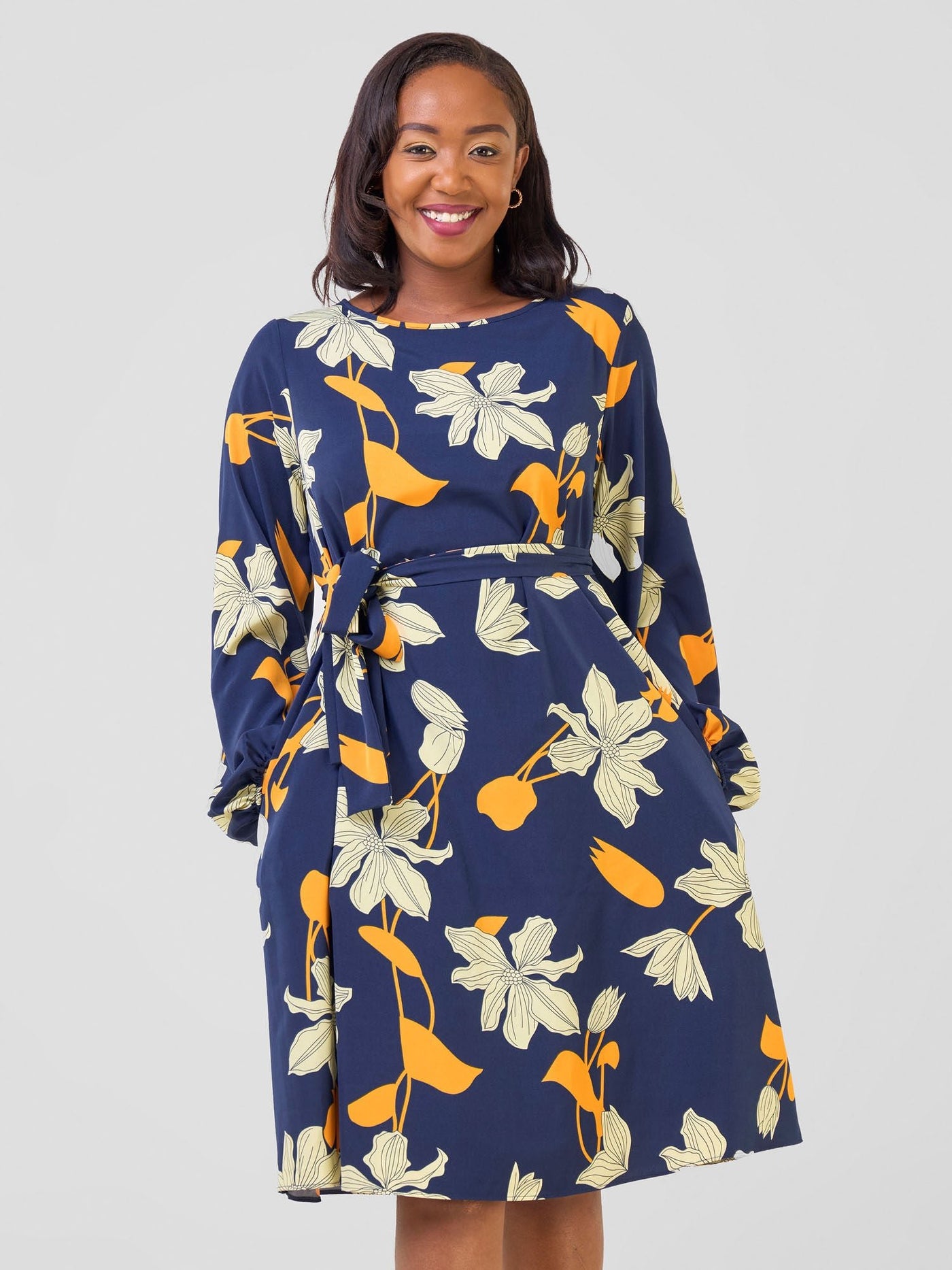 Vivo Basic Ayo Bishop Sleeve Dress - Navy / Orange Iyo Print - Shopzetu