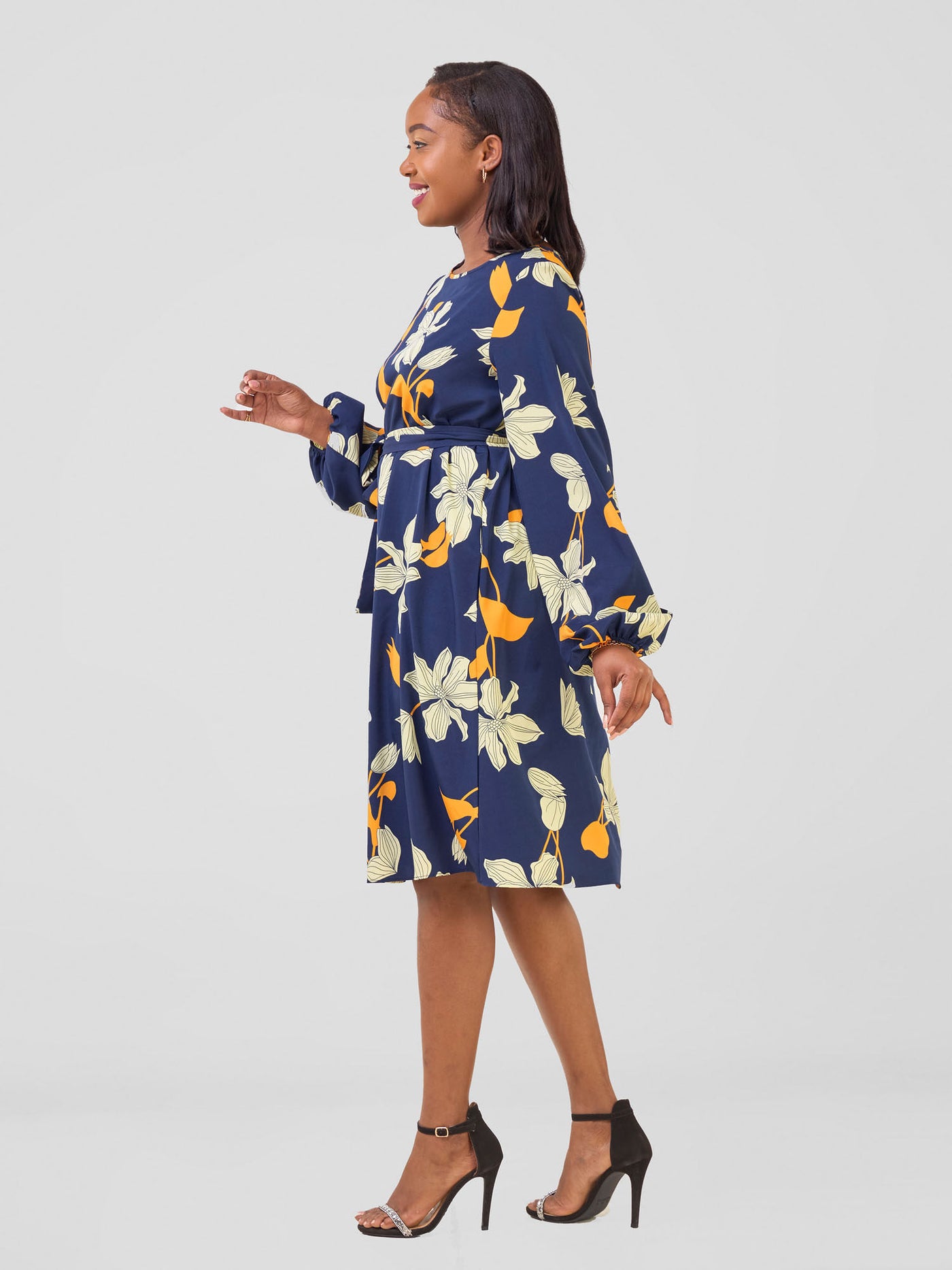 Vivo Basic Ayo Bishop Sleeve Dress - Navy / Orange Iyo Print - Shopzetu