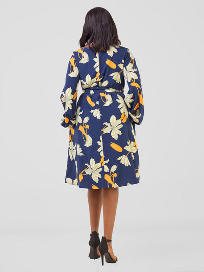 Vivo Basic Ayo Bishop Sleeve Dress - Navy / Orange Iyo Print - Shopzetu