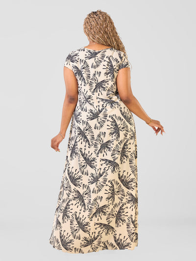 Basic Cap Sleeve Maxi Tent Dress - Khaki / Black Abeni Print