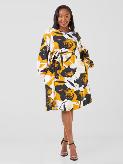 Vivo Basic Ayo Bishop Sleeve Dress - Black / Mustard Oyo Print - Shopzetu