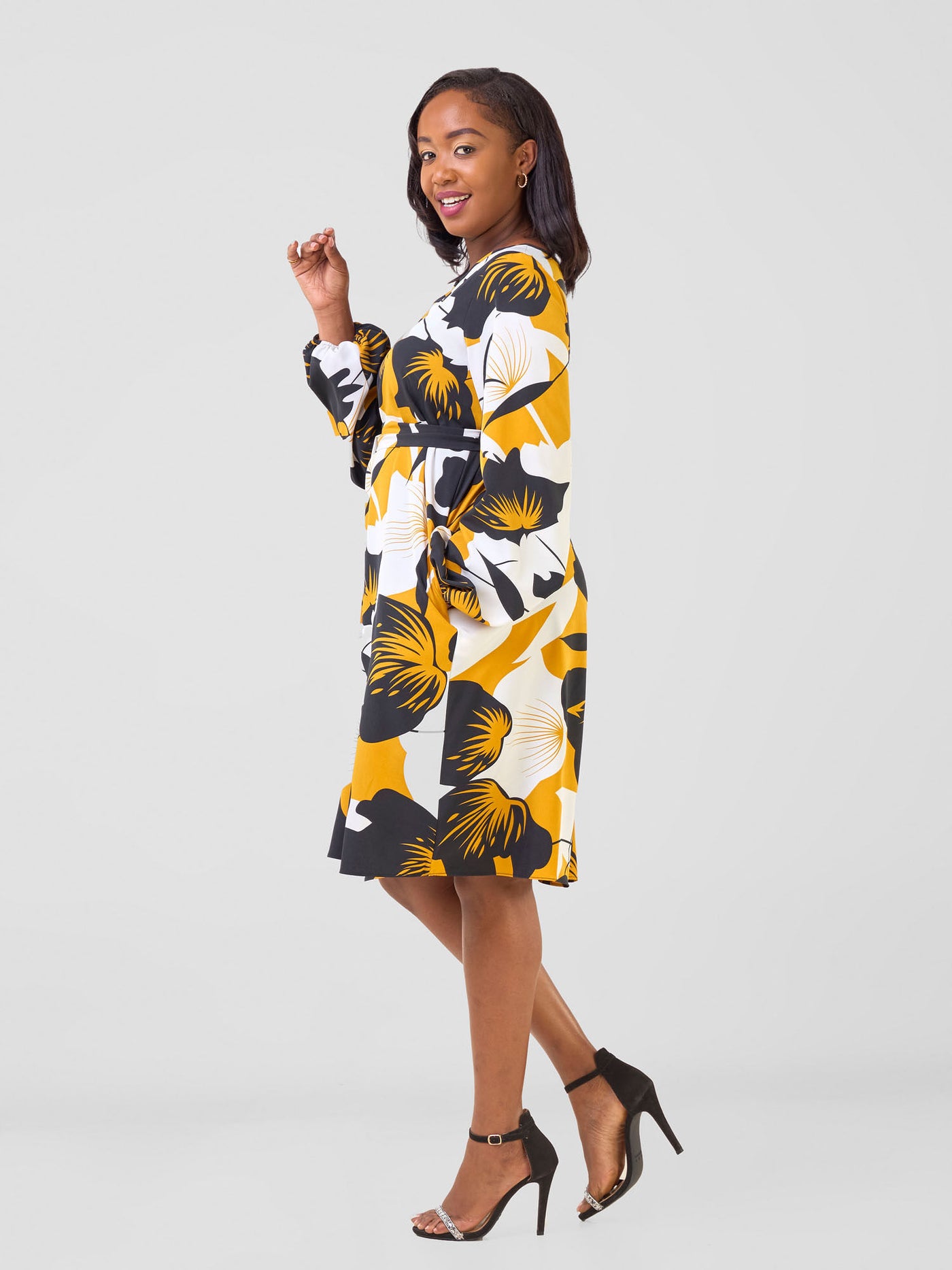 Vivo Basic Ayo Bishop Sleeve Dress - Black / Mustard Oyo Print - Shopzetu