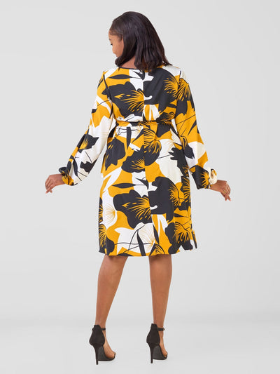 Vivo Basic Ayo Bishop Sleeve Dress - Black / Mustard Oyo Print - Shopzetu