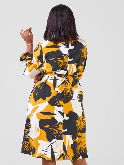 Vivo Basic Ayo Bishop Sleeve Dress - Black / Mustard Oyo Print - Shopzetu