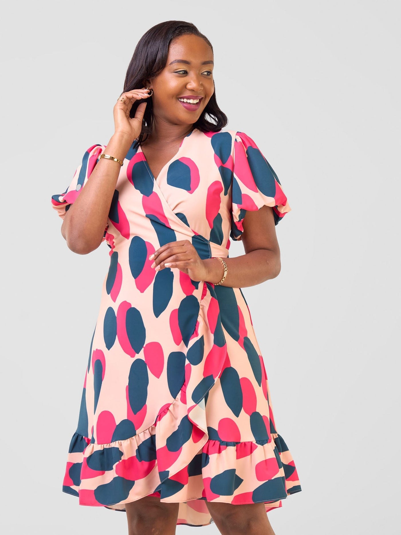 Vivo Hadiya Wrap Dress - Peach / Teal Diya Print - Shopzetu