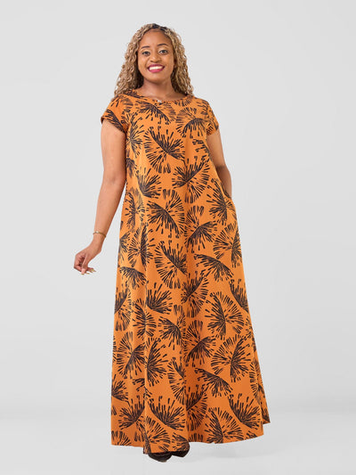 Vivo Basic Cap Sleeve Maxi Tent Dress - Rust / Black Abeni Print - Shopzetu