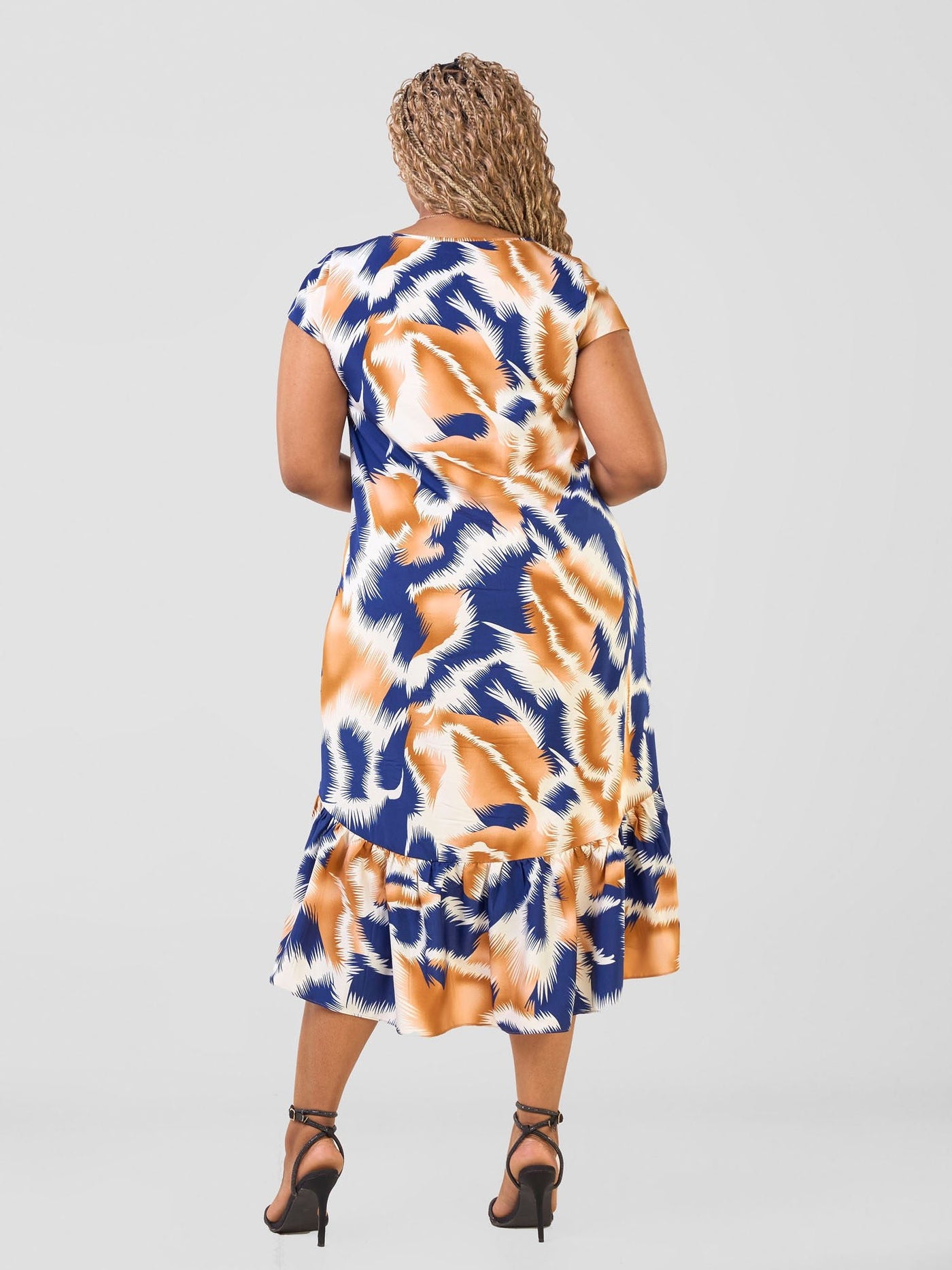 Vivo Ayana Cap Sleeve High Low Tent Dress - Navy / Brown Yana Print - Shopzetu