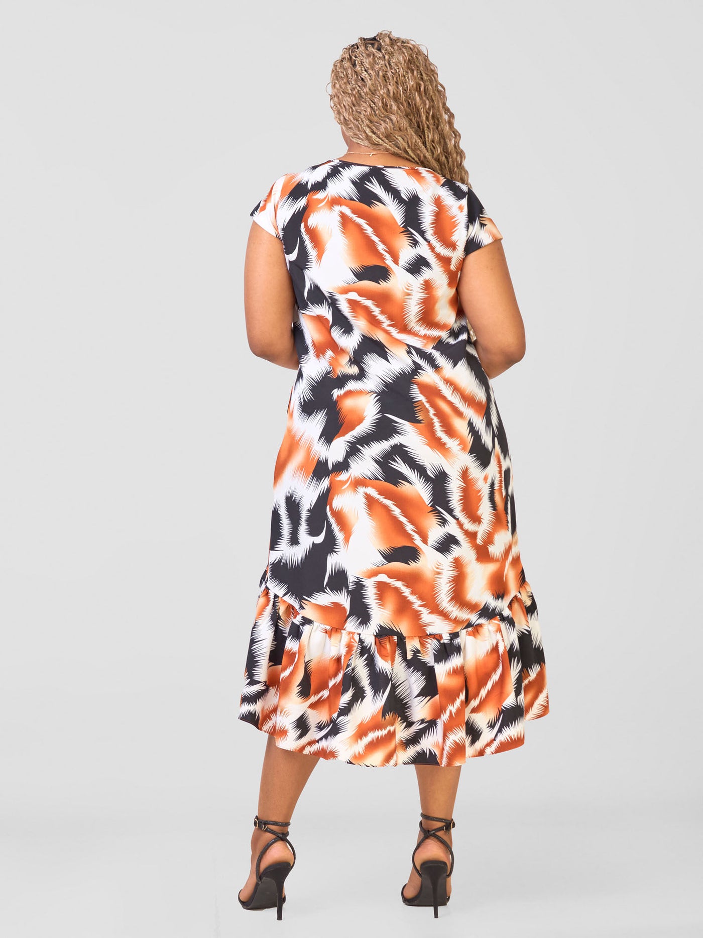 Ayana Cap Sleeve High Low Tent Dress - Black / Rust Yana Print