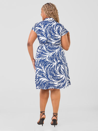 Vivo Zuri Cap Sleeve Knee Length Dress - Navy / White Uri Print - Shopzetu