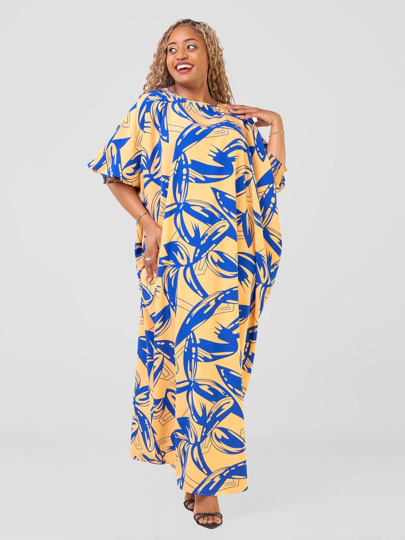 Vivo Wastani Boat Neck Shirred Sleeve Kaftan - Mustard / Blue Abstract Print - Shopzetu