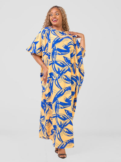 Vivo Wastani Boat Neck Shirred Sleeve Kaftan - Mustard / Blue Abstract Print - Shopzetu