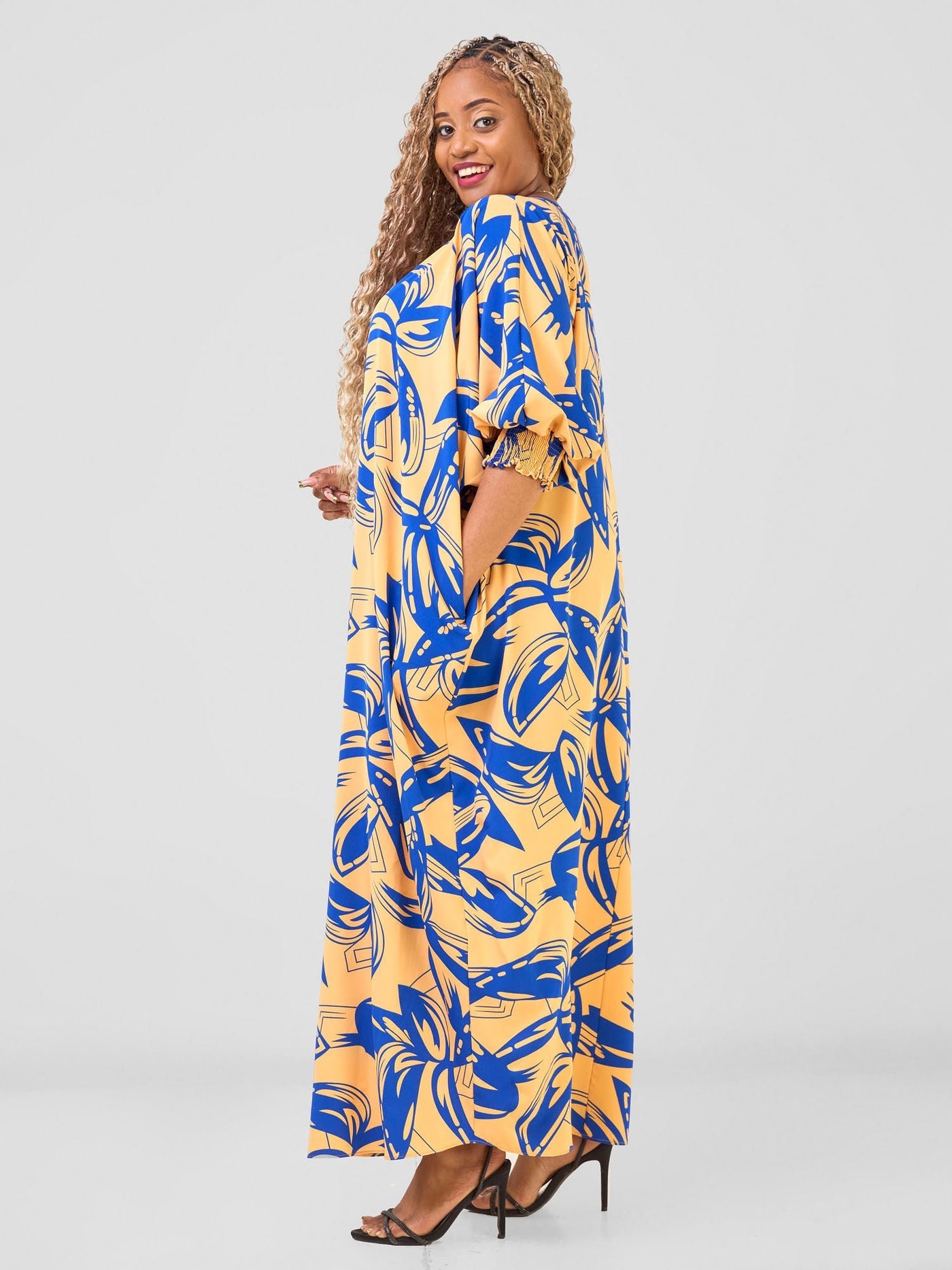 Vivo Wastani Boat Neck Shirred Sleeve Kaftan - Mustard / Blue Abstract Print - Shopzetu