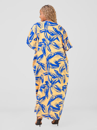 Vivo Wastani Boat Neck Shirred Sleeve Kaftan - Mustard / Blue Abstract Print - Shopzetu