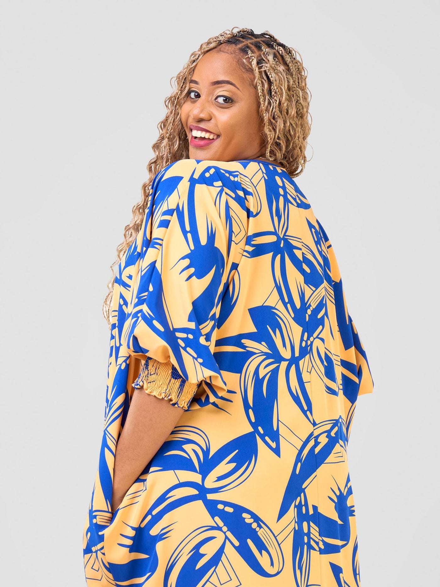 Vivo Wastani Boat Neck Shirred Sleeve Kaftan - Mustard / Blue Abstract Print - Shopzetu