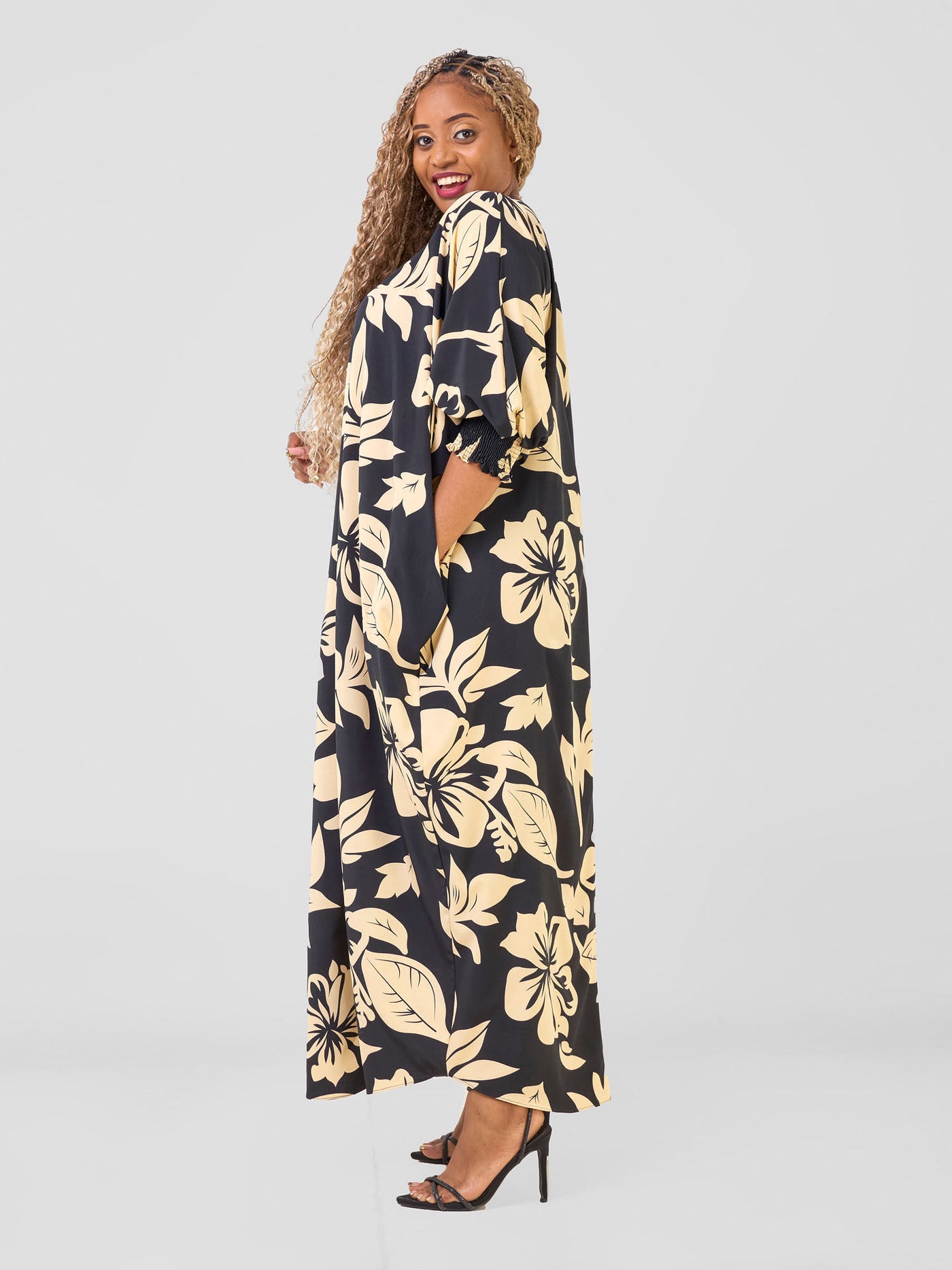 Wastani Boat Neck Shirred Sleeve Kaftan - Beige / Black Fila Print