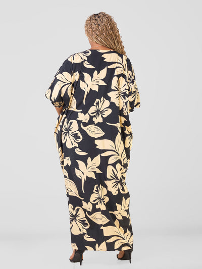 Wastani Boat Neck Shirred Sleeve Kaftan - Beige / Black Fila Print