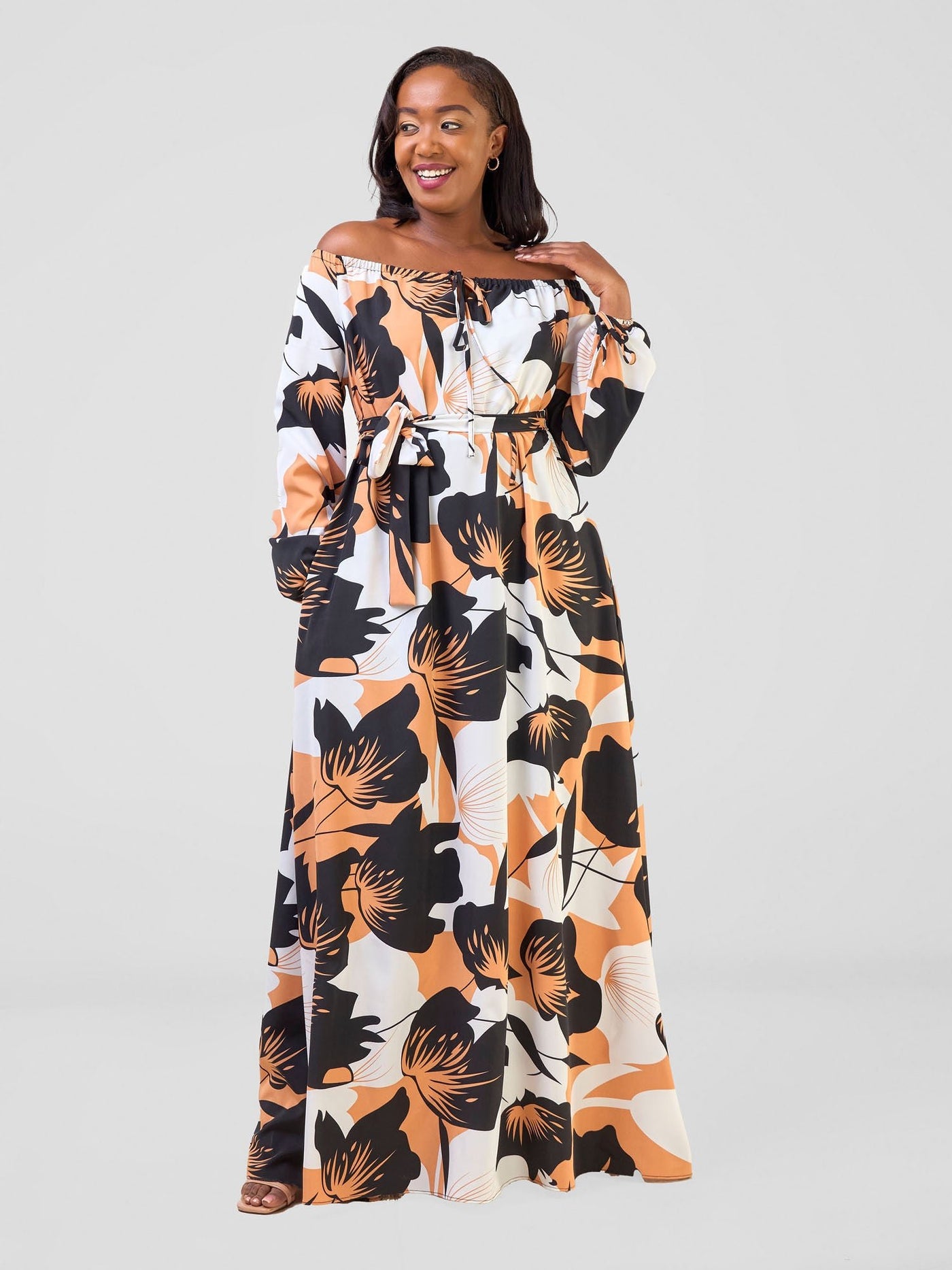 Vivo Zahari Off - Shoulder Maxi Dress - Black / Rust Ahari Print - Shopzetu