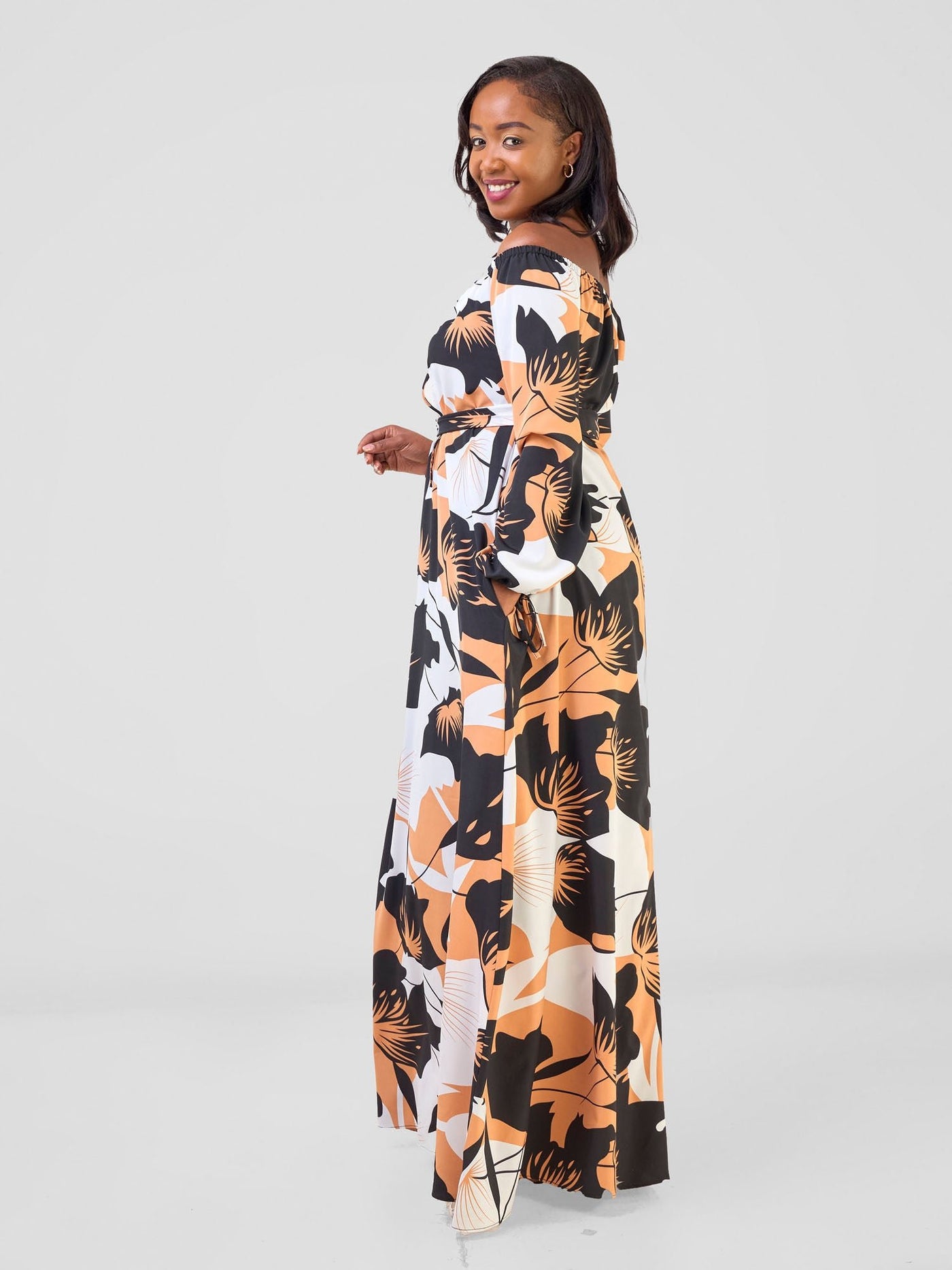 Vivo Zahari Off - Shoulder Maxi Dress - Black / Rust Ahari Print - Shopzetu