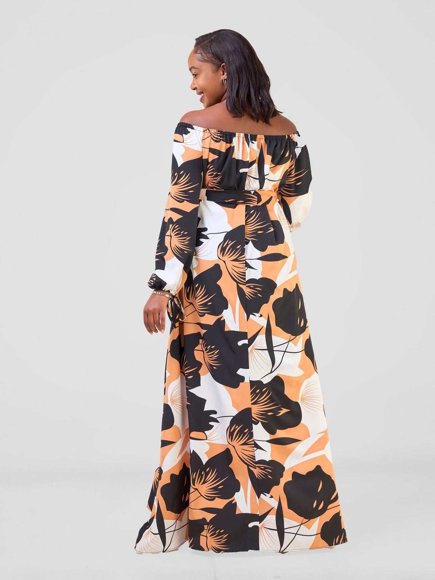 Vivo Zahari Off - Shoulder Maxi Dress - Black / Rust Ahari Print - Shopzetu