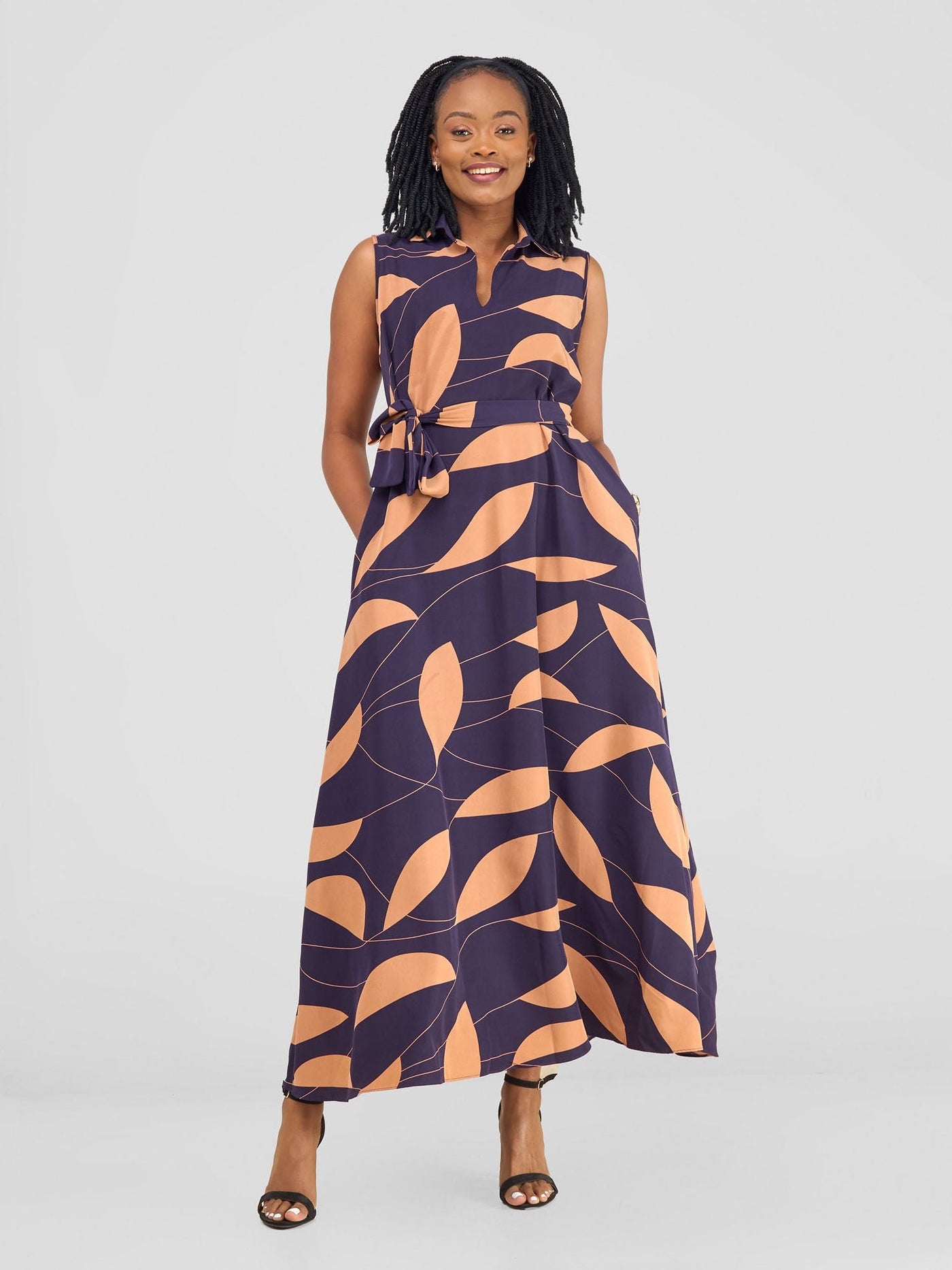 Vivo Zuri Sleeveless Tent Maxi Dress - Purple / Taupe Leaves Print - Shopzetu