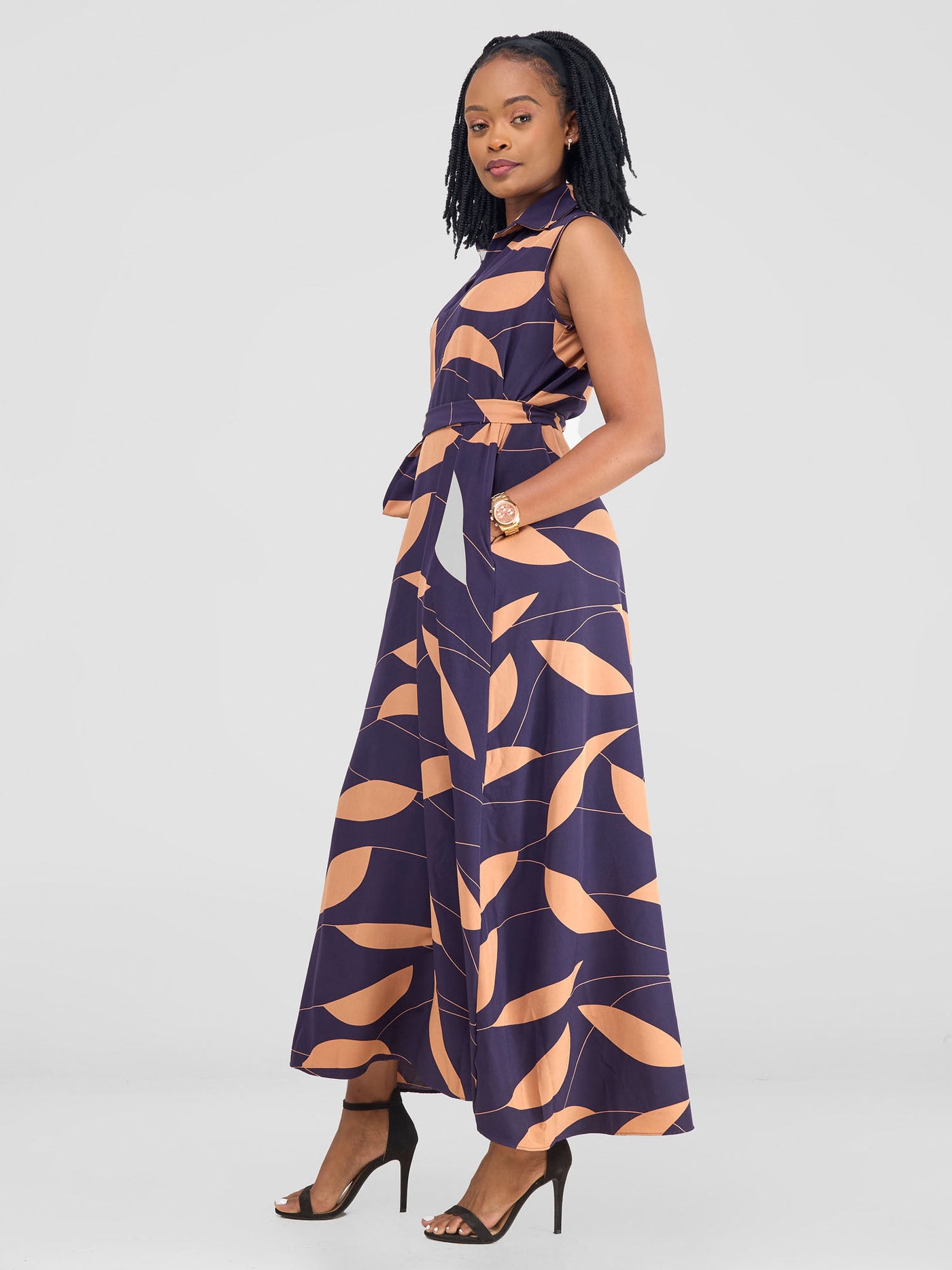 Vivo Zuri Sleeveless Tent Maxi Dress - Purple / Taupe Leaves Print - Shopzetu