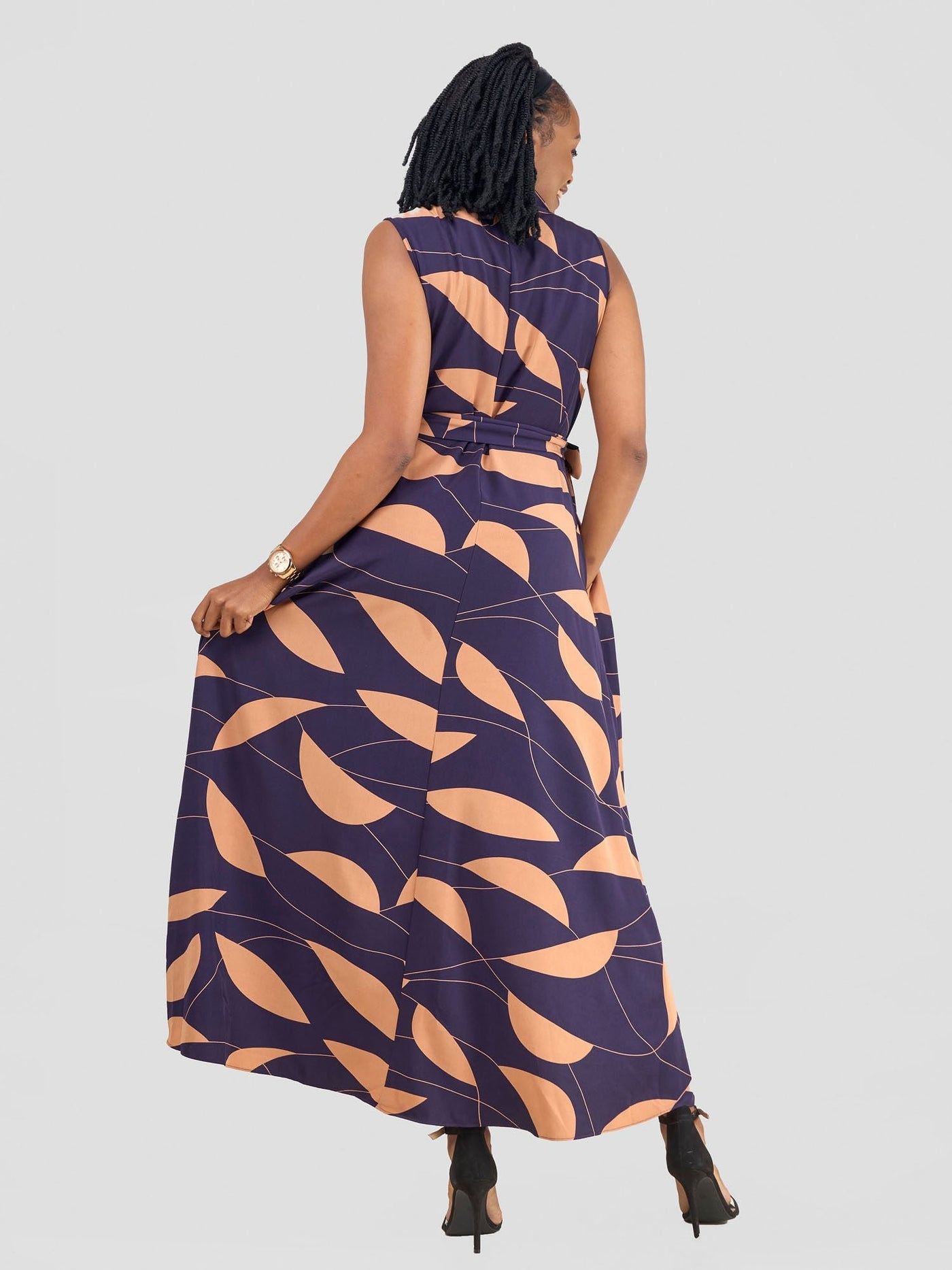 Vivo Zuri Sleeveless Tent Maxi Dress - Purple / Taupe Leaves Print - Shopzetu