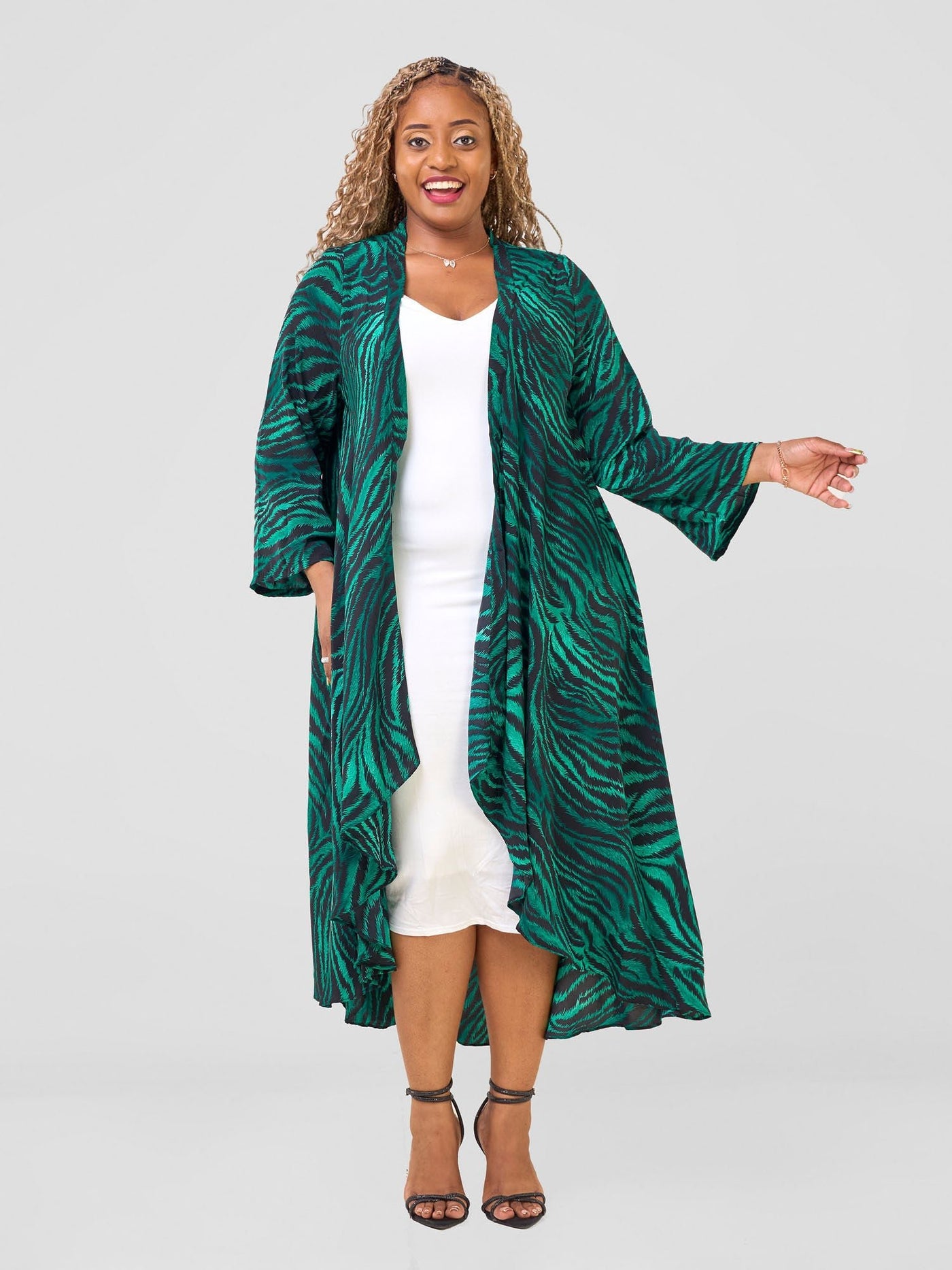 Vivo Maisha Long Sleeve High Low Kimono - Green / Black Mistari Print - Shopzetu