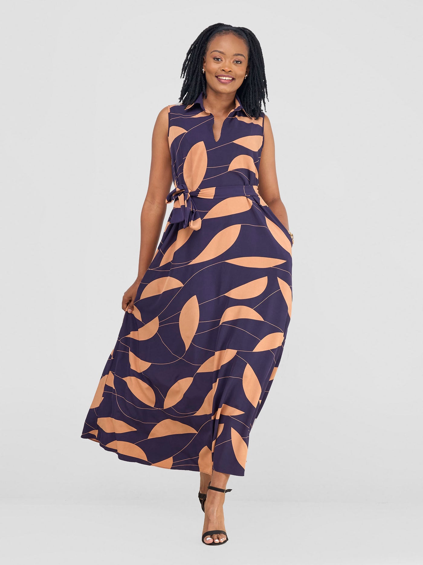 Vivo Zuri Sleeveless Tent Maxi Dress - Purple / Taupe Leaves Print - Shopzetu