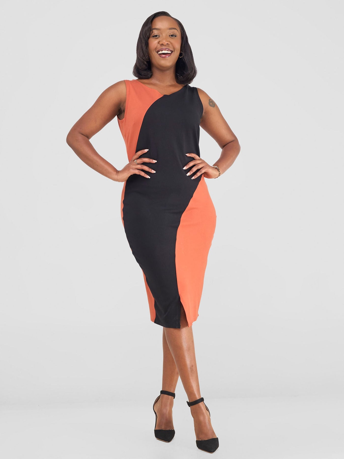 Vivo Tatari Panelled Sheath Dress - Rust / Black