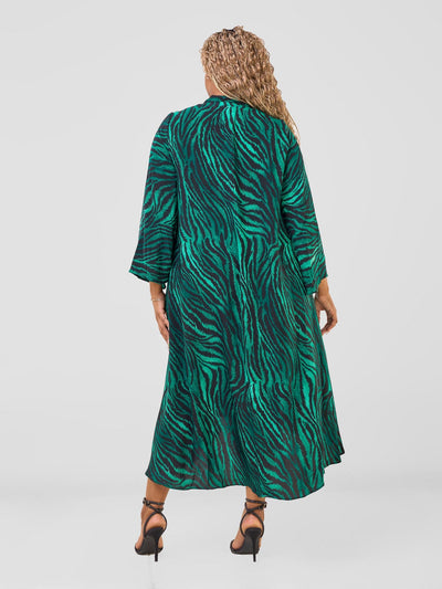 Vivo Maisha Long Sleeve High Low Kimono - Green / Black Mistari Print - Shopzetu