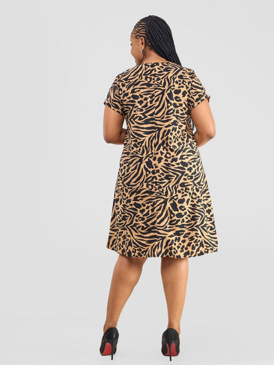 Vivo Pesi Drop Shoulder Tent Dress - Taupe Animal Print - Shopzetu