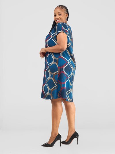 Vivo Pesi Drop Shoulder Tent Dress - Teal Abstract Print - Shopzetu