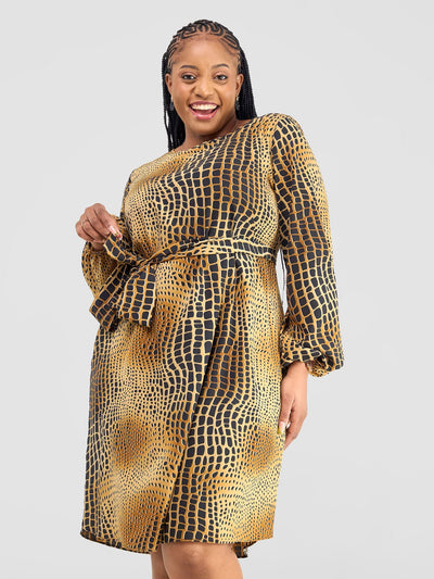 Vivo Zawadi Shift Dress - Black/Rust Animal Print - Shopzetu