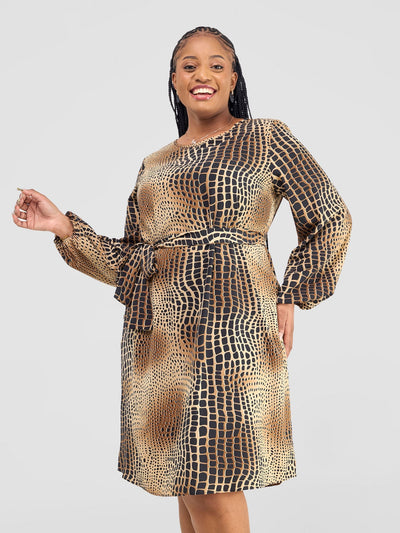 Vivo Zawadi Shift Dress - Black/Brown Animal Print - Shopzetu