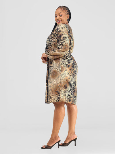 Vivo Zawadi Shift Dress - Black/Brown Animal Print - Shopzetu