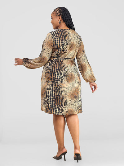 Vivo Zawadi Shift Dress - Black/Brown Animal Print - Shopzetu