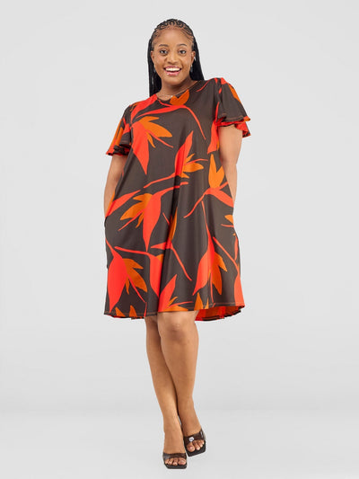 Vivo Ruwa Flounce Sleeve Knee Length Tent Dress - Brown / Orange Mizani Print - Shopzetu