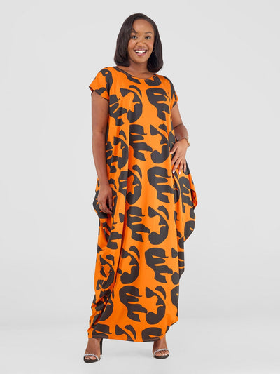 Vivo Fimi Drop Shoulder Maxi Dress - Orange/ Black Chana Print - Shopzetu