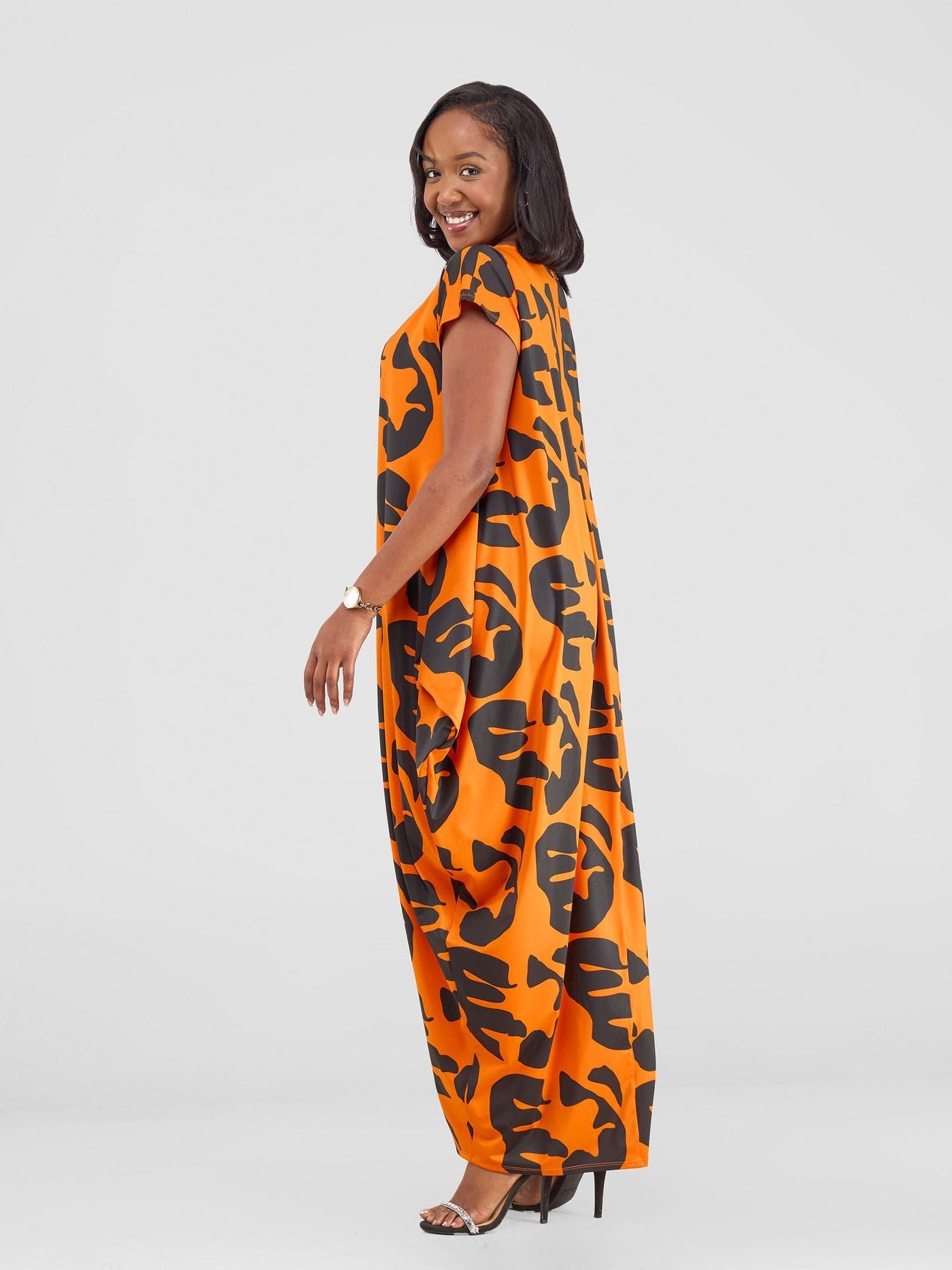 Vivo Fimi Drop Shoulder Maxi Dress - Orange/ Black Chana Print - Shopzetu